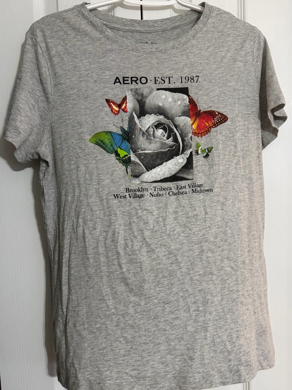 Aeropostale Gray Tee with Rose and Colorful Butterflies